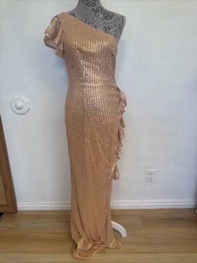 One-Shoulder Rose Gold Sequin Evening Dress